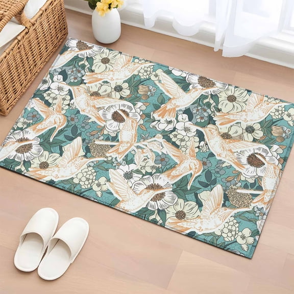 Bathroom Rugs 2x3 Ft, Spring Flowers Non Slip Area Rugs for Kitchen Bedroom Entryway, Vintage Chic Botanical Florals Birds Washable Carpet Runner Rug Floor Mats for Bedroom Home Decor
