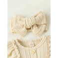 thumbnail image 5 of Baby Girls 3Pcs Fall Outfits, 3 6 9 12M Long Sleeve Button Front Ruffle Romper + Socks + Headband Set, 5 of 10