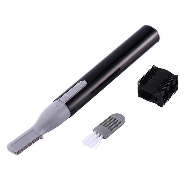 Peahefy Electric Eyebrow Shaver in black, a portable electric razor designed for shaving eyebrows, facial hair, and body hair. The shaver features a slim, 13cm design with a 1.6cm blade width, an ON/OFF switch, and is powered by a 1.5V AAA battery (not included). Includes a cleaning brush and an adjustable eyebrow comb for precise grooming. Made of durable plastic and metal blade materials.