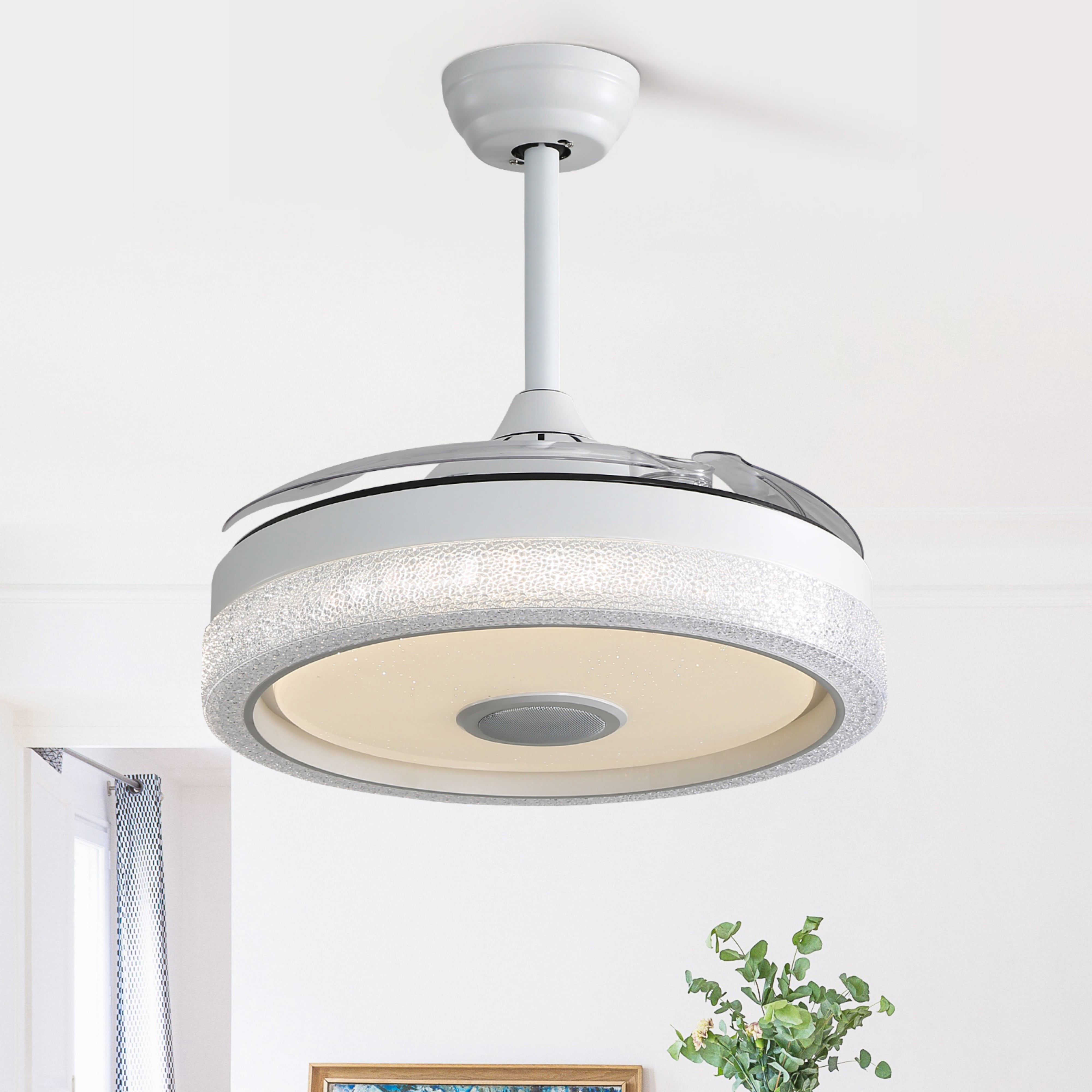 Sofucor 42 Inch Ret retractable Smart Ceiling Fan with Lights Bluetooth Control Speaker Dimmable Lights