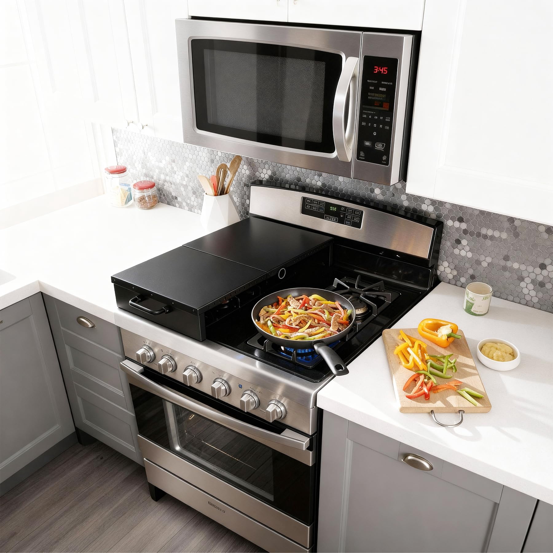 Stove Top Covers for Gas Burners & Electric Stove, Stainless Steel Gas Stove Cover, Square Gas Stove Burner Covers, Adjustable Kitchen Sink Cover, Black