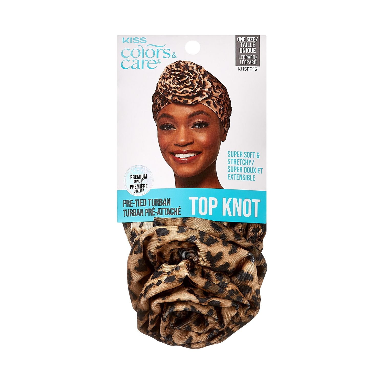 KISS - Colors & Care Top Knot Pre-Tied Turban, Leopard, Pre-Tied Turban.
