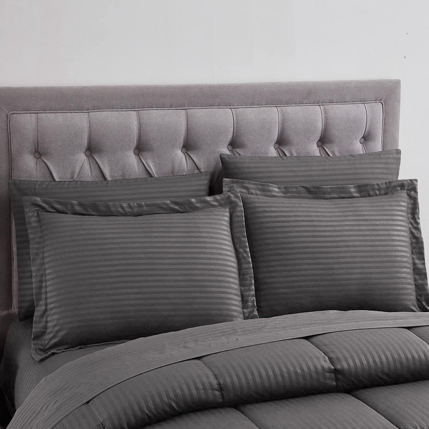 D.N.G. BEDDINGS Full/Queen Size 800 Thread Count, 100% Egyptian Cotton, Dark Grey Premium Hotal Quality, 3 Piece Box Design Striped Comforter Set