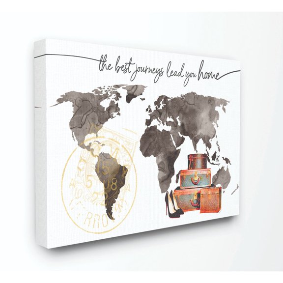 The Stupell Home Decor Collection World Map The Best Journeys Lead You Home Fashion Shoes and Luggage Illustration Canvas Wall Art