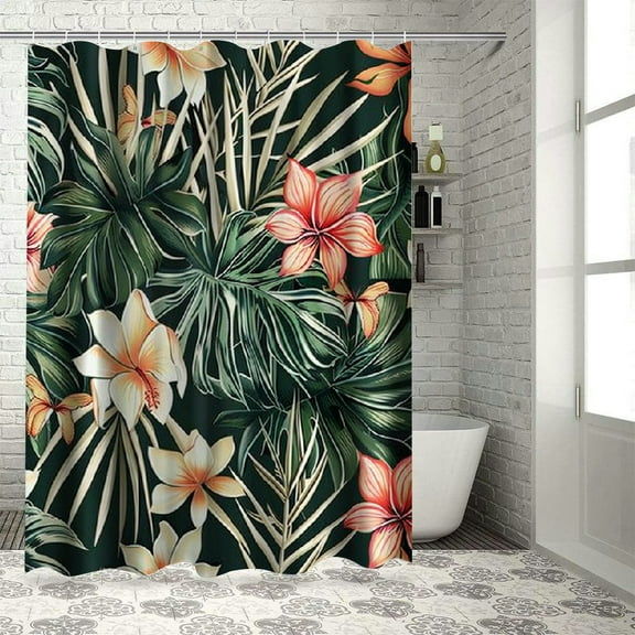 Orinice  Dark Green Shower Curtain,Beach Cheerful Tropical Green Leaves Palm Trees and Flowers Bird Paradise Shower Curtains for Bathroom with 12 Hooks 36x72