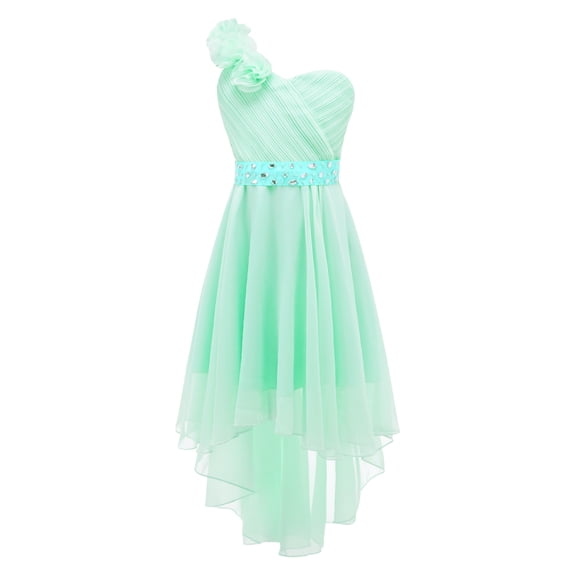 Hansber One Shoulder Flowers Girls Dress High Low Chiffon Wedding Bridesmaid Pageant Prom Ball Gown Mint Green 14
