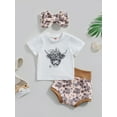 thumbnail image 2 of Suealasg Baby Girls 3Pcs Summer Clothes Set Short Sleeve Cattle Head Print T-shirt + Letter Print Shorts +Headband Set 6M 12M 18M 24M Infant Girls Western Outfits, 2 of 8