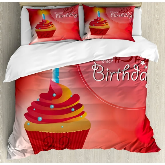 Ambesonne Birthday Duvet Cover Set, Cupcake Romantic, Calking, Red Scarlet Blue