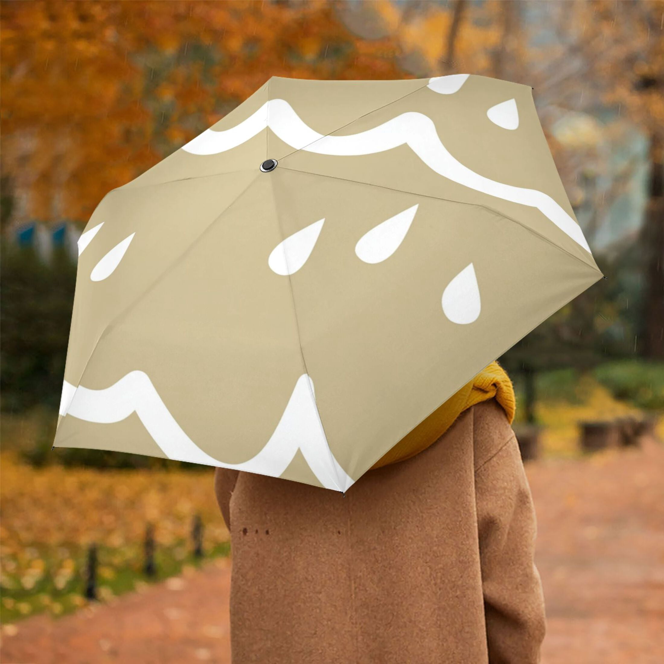 Abstract Rain Scene Folding Umbrella UV50+ Waterproof Sun Protection Auto Open Close Compact Fiberglass Frame