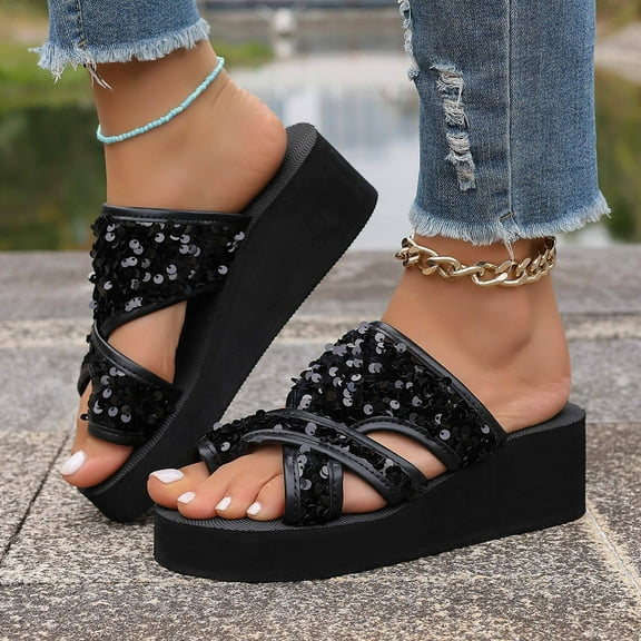 HAOTAGS Summer Wedge Sandals for Women Comfortable Walking Platform Sandals Black Size 7