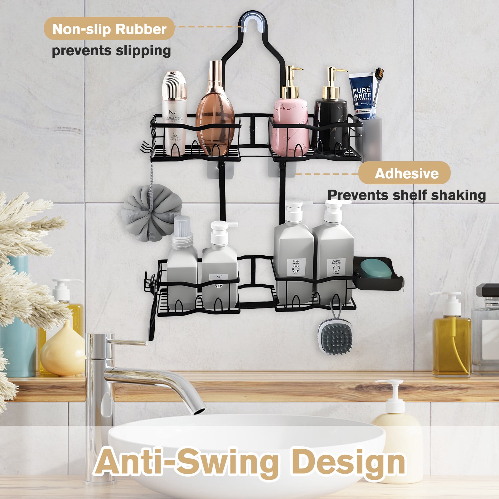 VEGCOO Over The Shower Head Caddy - 2 Tier Hanging Rustproof Metal Shower Organizer with Integrated Toothbrush Holder & Soap Dish, No Drill Adjustable Bathroom Shelf, for Shampoo, Loofah, Razors
