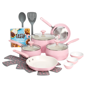 Tasty Clean Ceramic 16-Piece Non-Stick Cookware Set, Pink