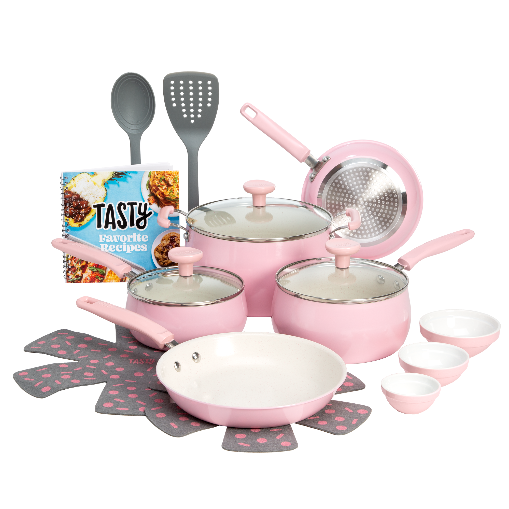 Tasty Clean Ceramic 16-Piece Non-Stick Cookware Set, Pink