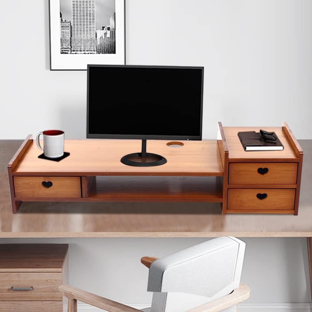 Monitor Stand Riser with 3 Drawers 2-Tier Bamboo Wood Computer Riser for Desk Home Office Desktop Stand Storage Organizer for TV Laptop Computer PC