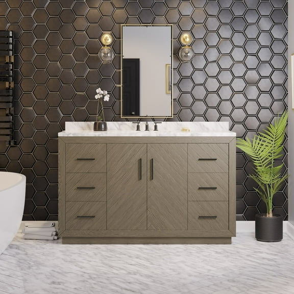 Peyton 60" Single Bathroom Vanity with Gray Oak Cabinet and Carrara Marble Top