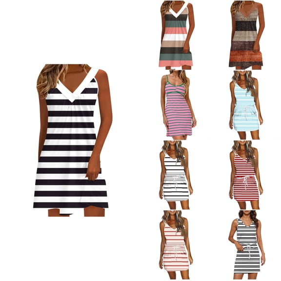 Antinious Women Comfortable Camis Sleeveless V-Neck Elastic Print Casual Spaghetti Straps Beach Dress