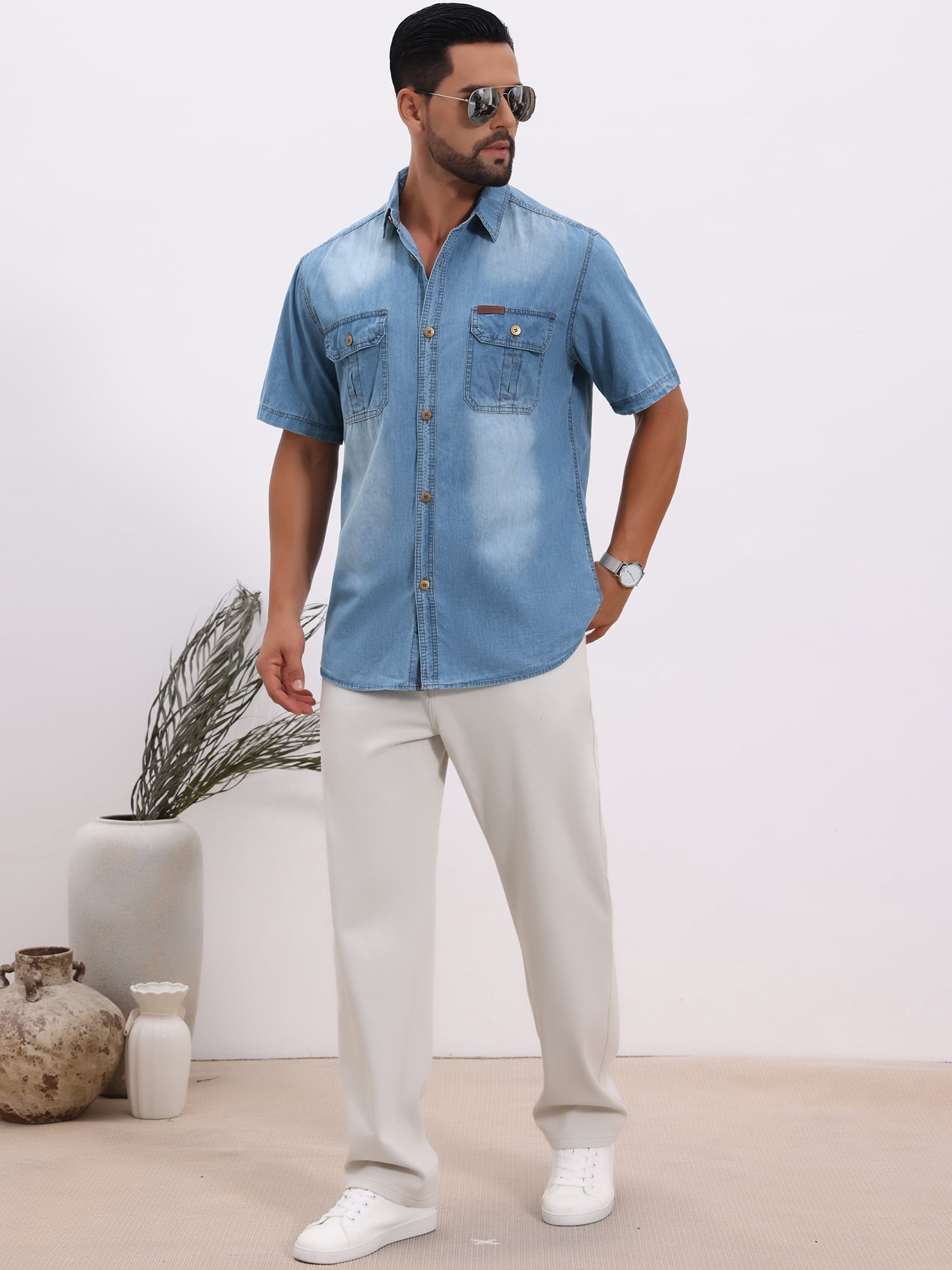 DARING DIVA Men's Denim Chest Pockets Western Retro Short Sleeve Shirts S Light Blue