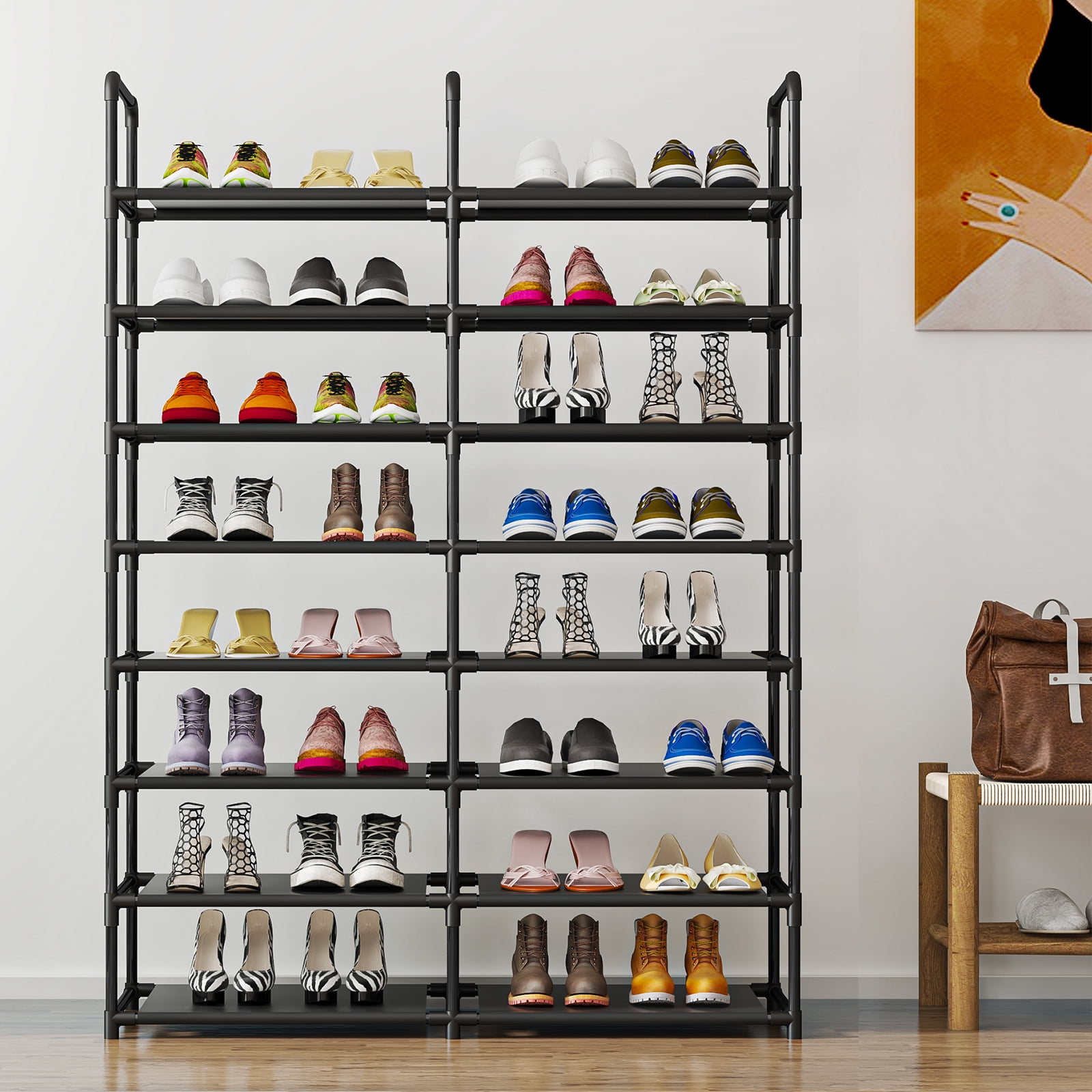 Seamika 8 Tier Shoe Rack Organizer,Metal Shoe Storage Non-Woven Fabric Sturdy Tall Shoe Shelf Bedroom Entryway, Black