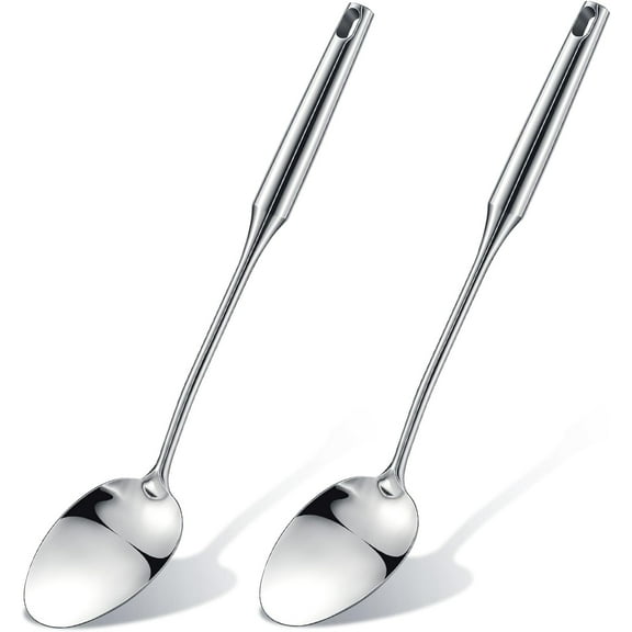 2 Pcs Stainless Steel Cooking Spoon 14.76'' Long Handle Metal Spoon Solid Spoon for Cooking, Basting, Serving, Dishwasher
