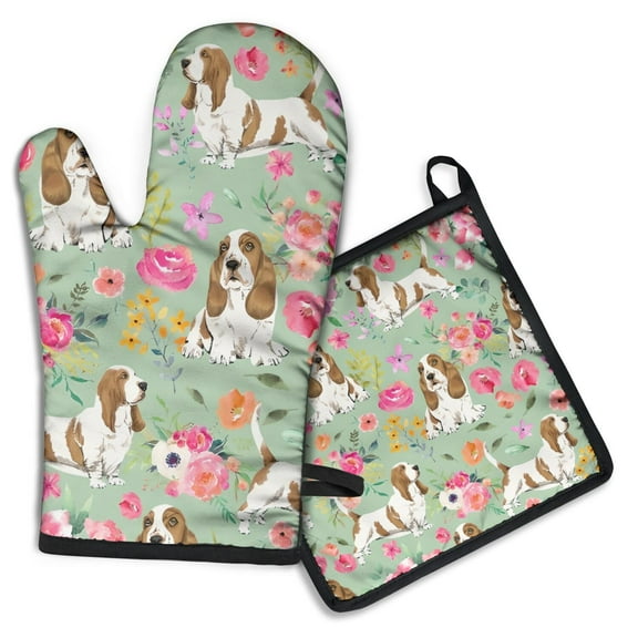 Basset Hound and Flowers Kitchen Oven Mitt and Pot Holder Sets 2 Pcs for Baking, Cooking and Grilling, Heat Resistant Up To 392 °F