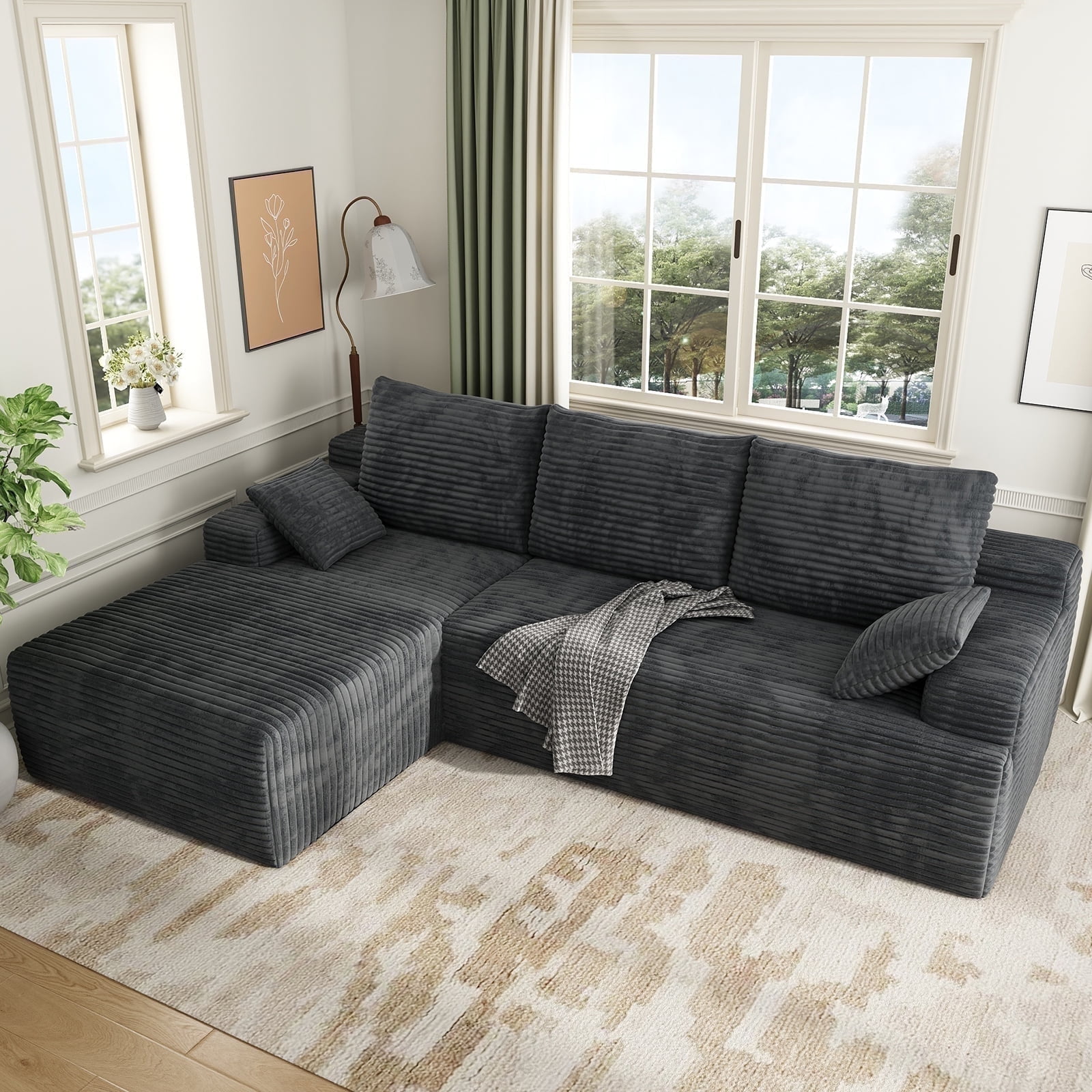 104" Cloud Sectional Couch with L-Shape Chaise, Modern Modular Sofa with Deep Seat, Upholstered Couches with Back Cushion for Living Room Bedroom, No Assembly Required, Black Grey (Corduroy Fabric)