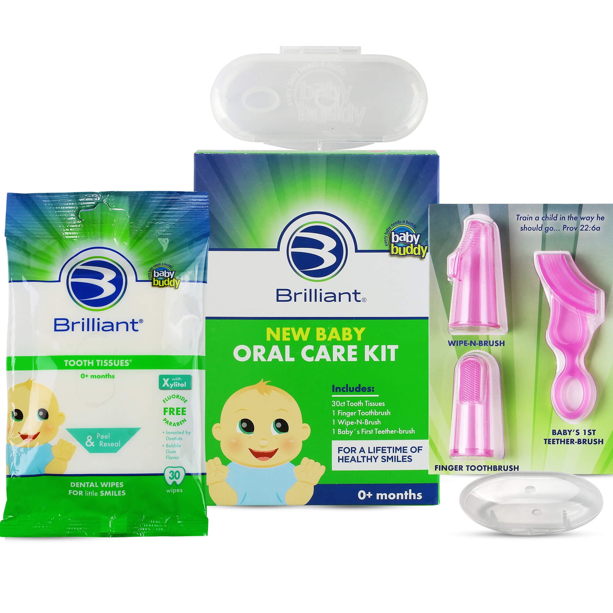 Brilliant New Baby Oral Care Kit with Xylitol Wipes and Soft Silicone Toothbrushes Shower Gift