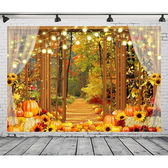 Fall Backdrop Window Forest Natural Scene Photography Background for Baby Birthday Thanksgiving Decorations Banner