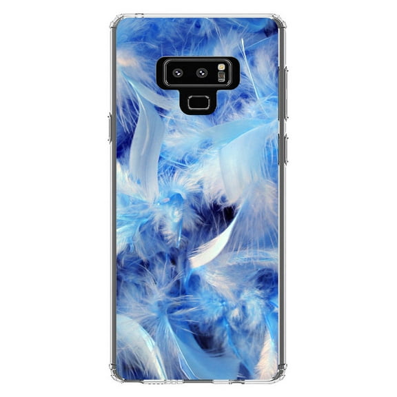DistinctInk Clear Shockproof Hybrid Case for Samsung Galaxy Note 9 - TPU Bumper, Acrylic Back, Tempered Glass Screen Protector - Blue Feathers