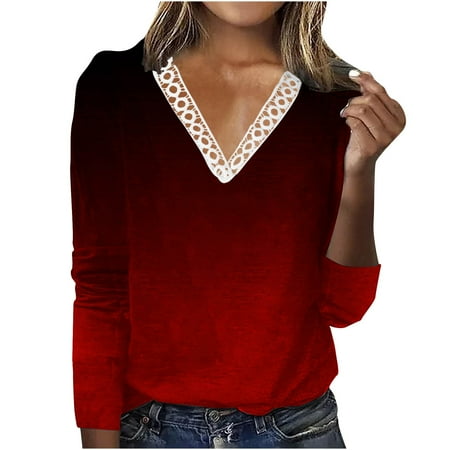 

Fall Shirts For Women 2022 Gradient Printed T-shirt Tops Womens Long Sleeves Blouse Lace Round Neck Tunics Wine Large