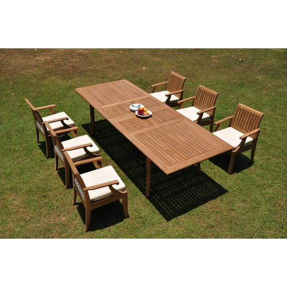 Grade-A Teak Dining Set: 6 Seater 7 Pc: 118" Double Extension Rectangle Table And 6 Lagos Arm Chairs Outdoor Patio WholesaleTeak #WMLGn