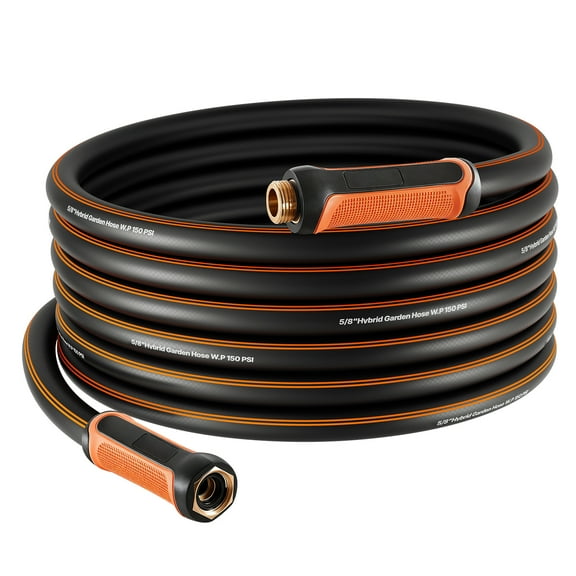 KFFKFF 50 ft 5/8" Durable 4-Layer Rubber Water Hose, 150PSI Working Pressure & 600PSI Burst Strength, Flexible and Non-Kink Outdoor Hose with 3/4" Fittings, Lightweight Option for Gardening