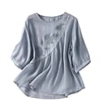 thumbnail image 2 of Qulqfy Casual Womens Blouse Solid 3/4 Length Sleeve Scoop Neck Loose Fit Cotton Linen Pleat Cute Fall Flowy Women Tops L, 2 of 7