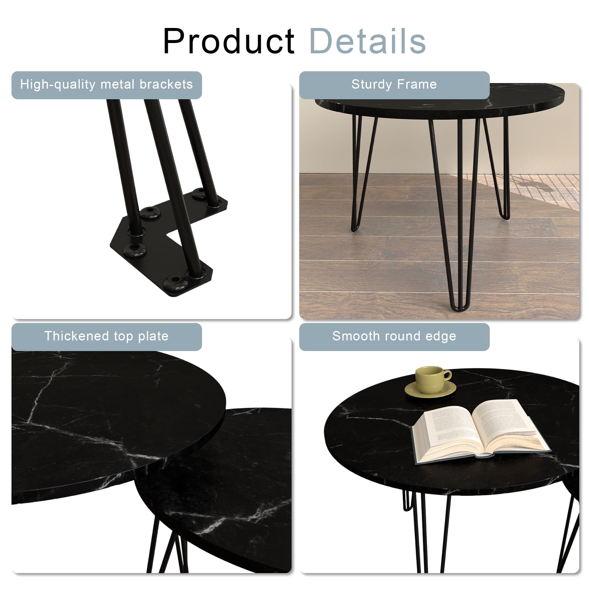27.56'' Round Nesting Coffee Table Set of 2,Wooden End Table Set, with Metal Base for Living Room,Bedroom,Black