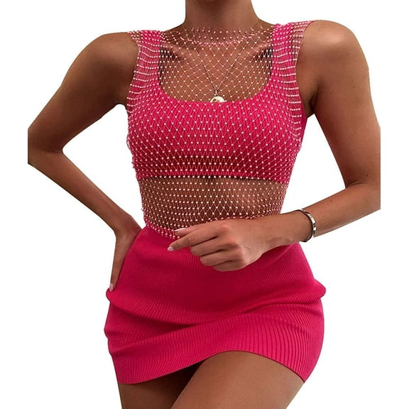 Namzi Women Mesh Tank Tops Rhinestone Hollow Out Crop Tops T-Shirt for Music Festival Party Rave Costume
