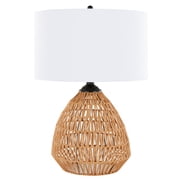 JERFIT Modern Rattan Table Lamp with Linen Shade, 3-Way Switch, Natural Rope & Black Metal Accent Lighting for Living Room Bedroom