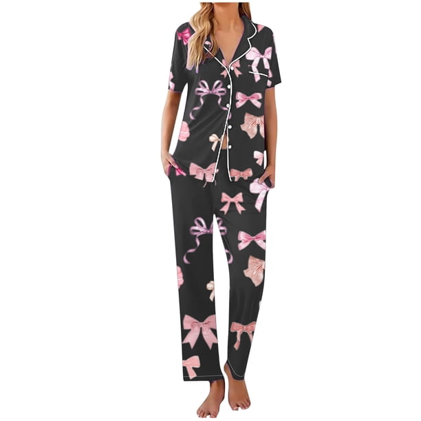 Sexy Pijama Conjunto para las Mujeres Impreso Bolsillo Pantalones de Manga Corta, Traje Suelto Casual para el Hogar Y el Salón