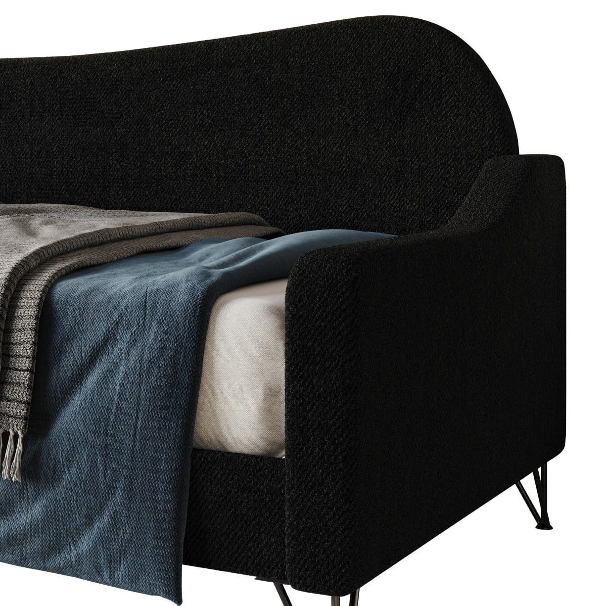 Home Design Natty Twin Daybed with Upholstered Frame, Elegant Backrest and Arms, Black Metal Legs, Stylish Seating and Sleeping Solution, Black