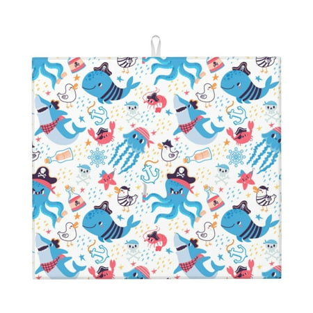 

Dish Drying Mats for Kitchen Counter Cute Pirate Shark Whale Octopus 16x18in Dish Drying Pad Coffee Mat with Hanging Loop Super absorbent Kitchen Counter Mat Coffee Bar Accessories