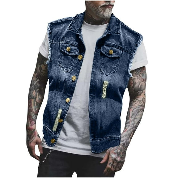 Levmjia Men's Denim Vest Distressed Denim Waistcoat Motorcycle Collar Vest Punk Style Vest 100% Pre-shrunk Denim Men's Sleeveless Jacket Casual Vest Sizes XS-2XL