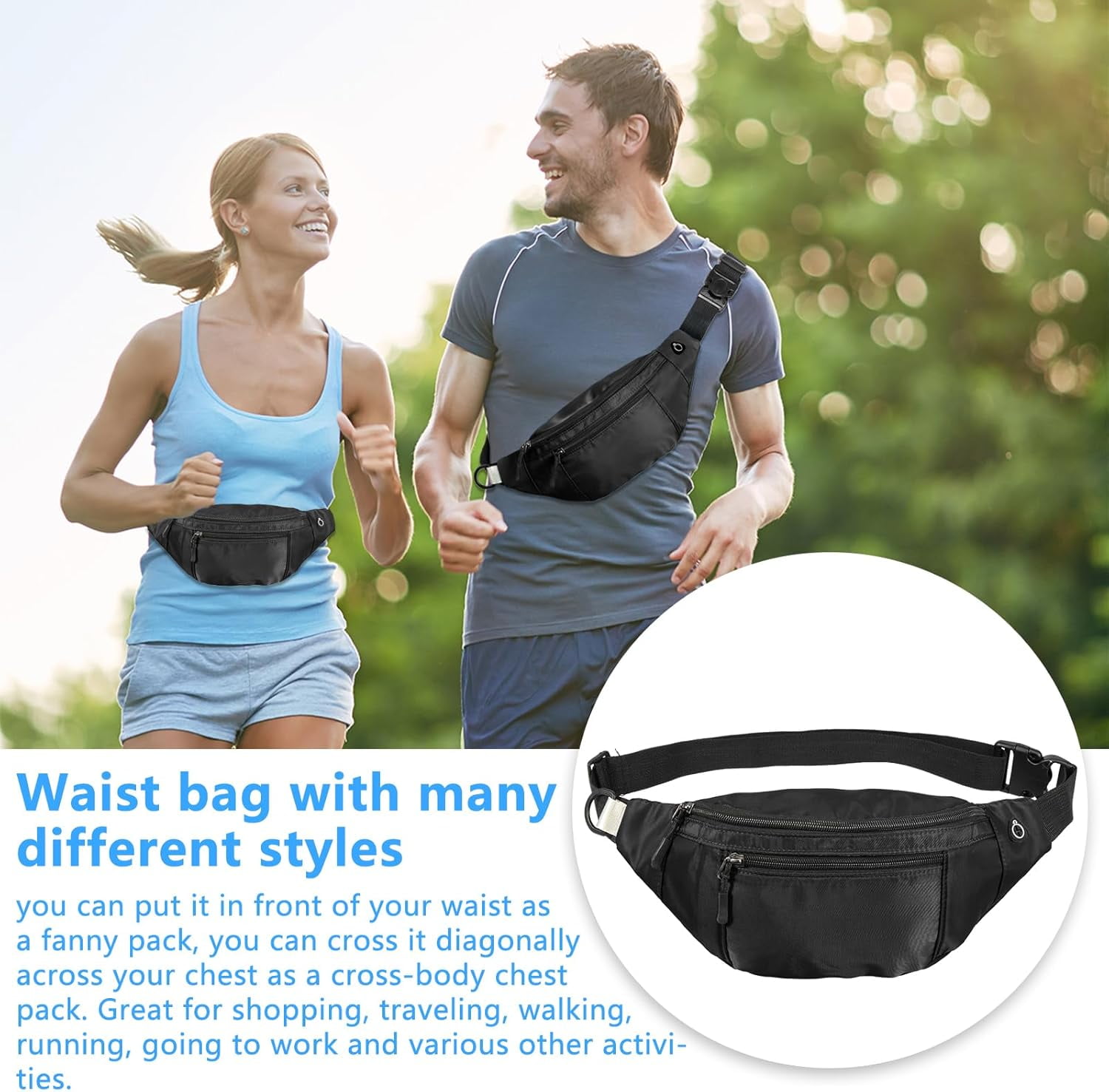 Kwuty 10PCS Crossbody Fanny Pack Large Capacity Waist Bag with Hidden Zipper Pockets Adjustable Strap Fanny Packs Waterproof Oxford Cloth Travel Belt Bag for Outdoor Shopping Travel Men Women,Black