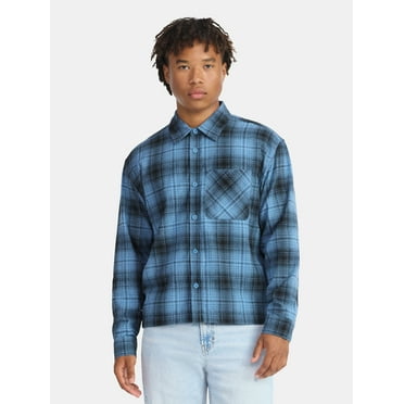 No Boundaries Collared Cotton Boxy Cropped Fit Flannel Shirt, Men's and Big Men's Sizes XS-5XL