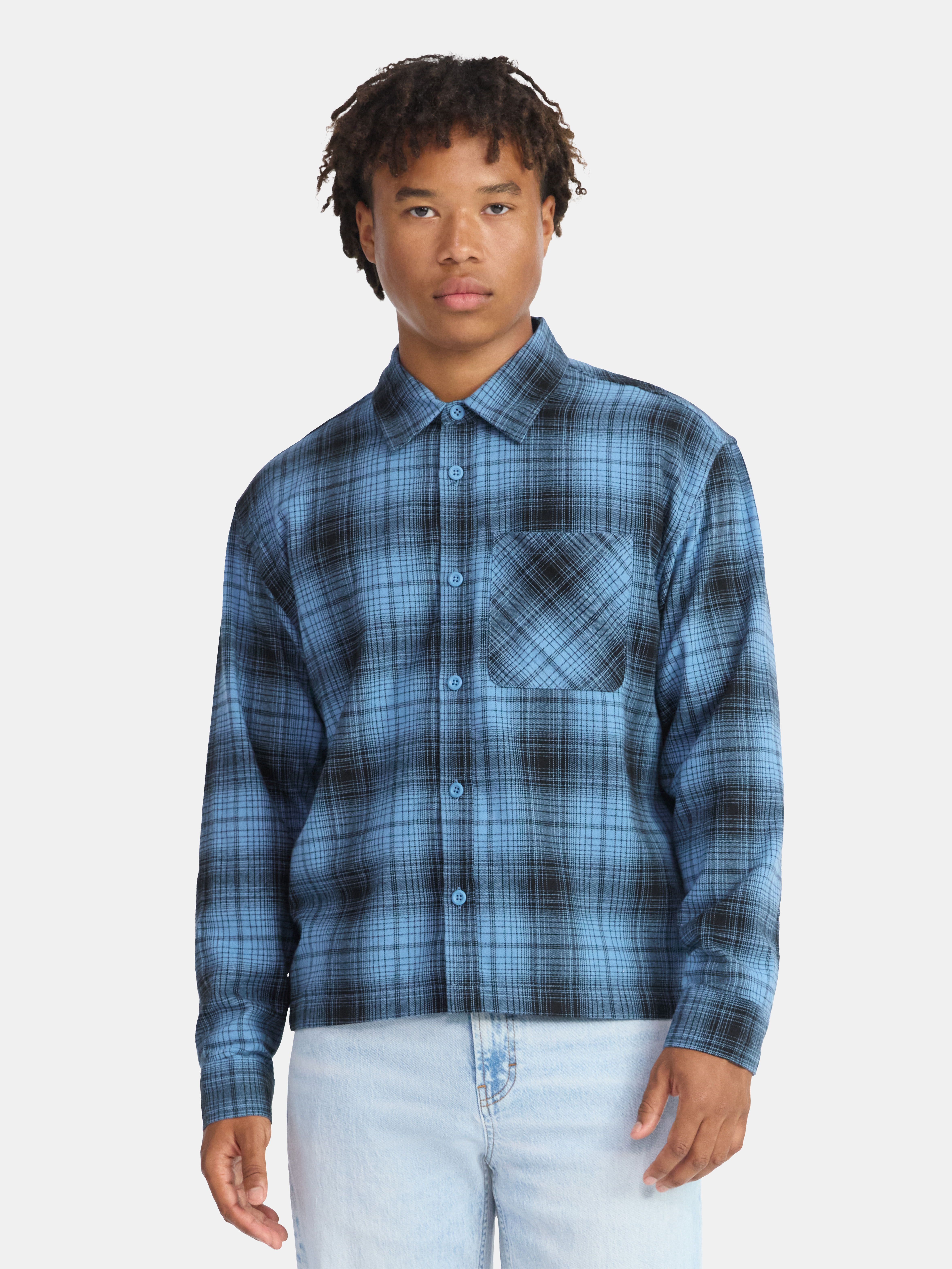No Boundaries Collared Cotton Boxy Cropped Fit Flannel Shirt, Men's and Big Men's Sizes XS-5XL