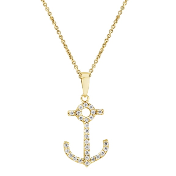 Bling Craft Anchor Necklace 0.12 ct Round Moissanite Pendant for Women 14k Yellow Gold Plated 925 Sterling Silver (Color D, VVS1)