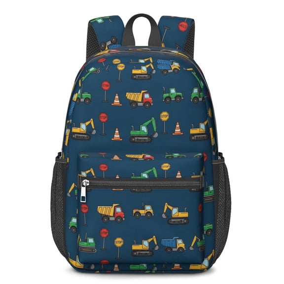 Excavator and Stop Sign Blue Pattern 17" School Backpacks for Teens,Waterproof Oxford Fabric,S-Shape Padded Straps for School,Travel,Hiking,Camping
