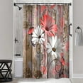 thumbnail image 2 of Farmhouse Flower Floral Shower Curtain, Rustic Red Daisy Shower Curtain Set, Country Red Wild Garden Plant Fabric Shower Curtain with Hooks, Brown Wooden Board Bathroom Curtain, 36x71 in, 2 of 6