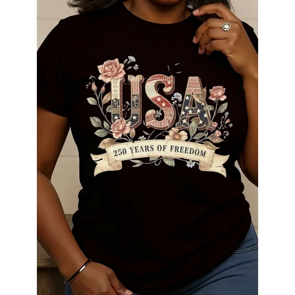 Women's USA 250 Years of Freedom Patriotic Floral Graphic T-Shirt, Black