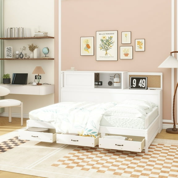 Full Size Wooden Daybed with 3 Storage Drawers, Upper Soft Board, shelf, and a set of Sockets and USB Ports, White