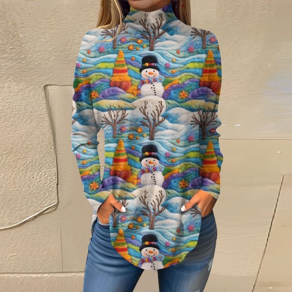 Women's Fall Casual Christmas Printed High Neck Long Sleeve Pullover Top, Loose Vintage Graphic Sweatshirt, Holiday T-Shirt Blouse,Blue,XL