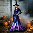 thumbnail image 2 of Women Halloween Witch Maxi Dress, Long Sleeve V Neck Lace Cuff A Line Floor Length Dress, Gothic Haunted House Printed Evening Party Dress, 2 of 6