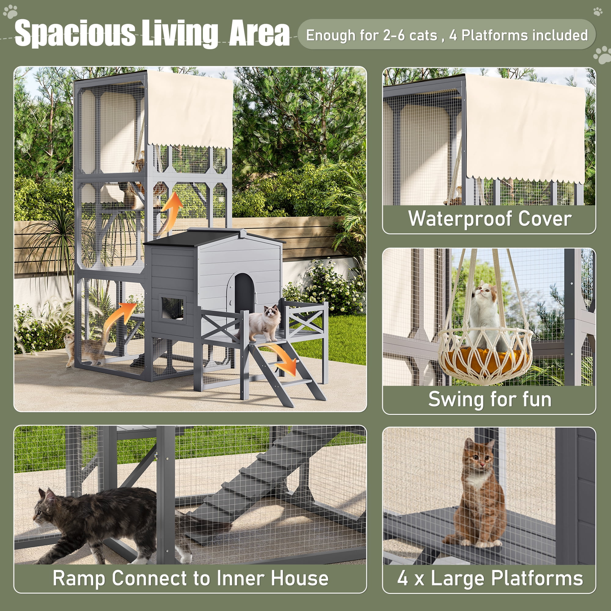 Harper & Bright Designs Large Outdoor Cat Enclosure with Removable Waterproof Cover , Wooden Cat Cage for Multiple Cats, Cat House with Jumping Platforms and Cat Swing, Gray